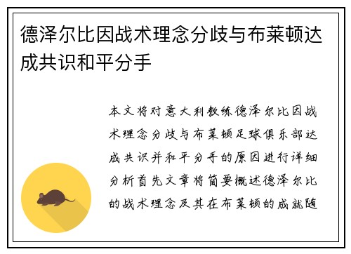 德泽尔比因战术理念分歧与布莱顿达成共识和平分手