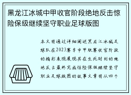 黑龙江冰城中甲收官阶段绝地反击惊险保级继续坚守职业足球版图
